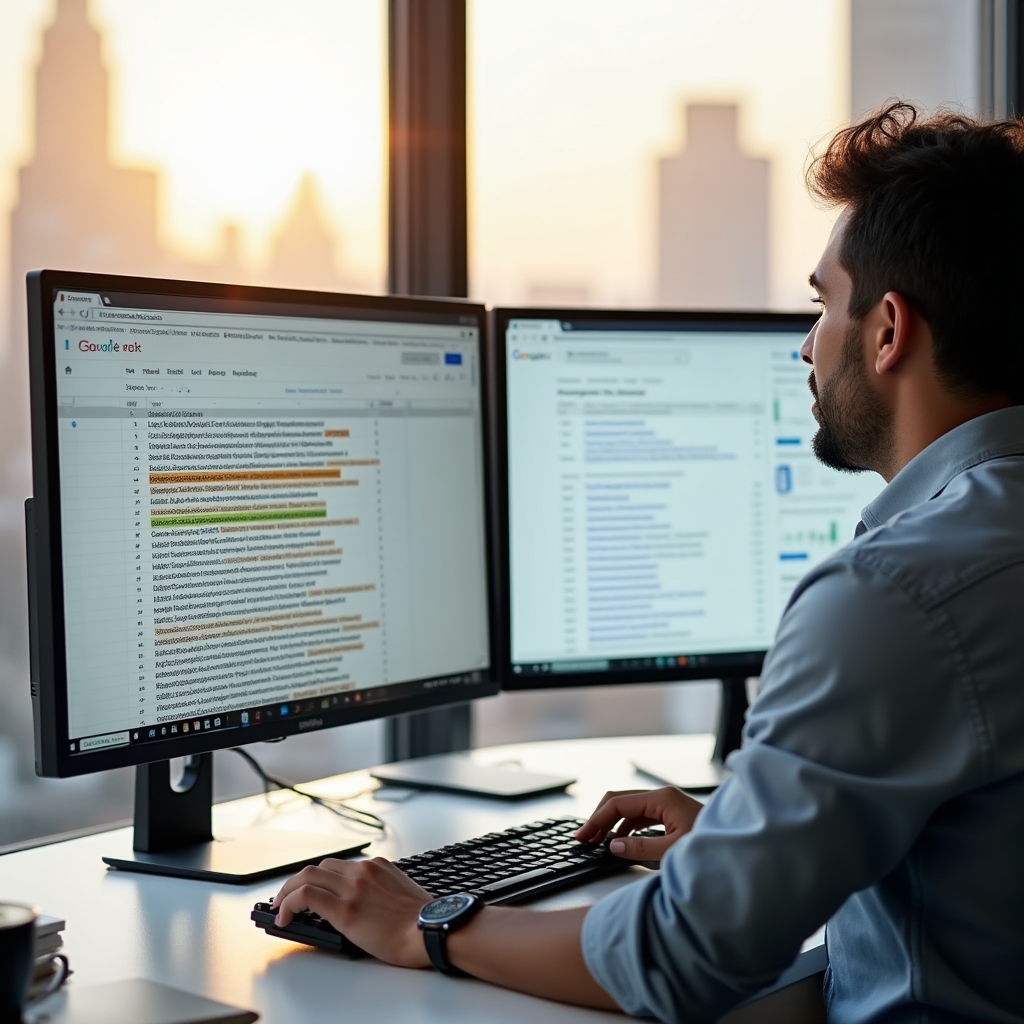 Two monitors on a desk, one showing a spreadsheet of duplicate URL patterns and another showing the Search Console interface