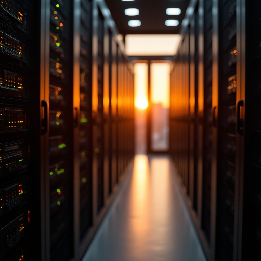 Server room at dusk with rows of illuminated racks representing the infrastructure that logs every Googlebot request