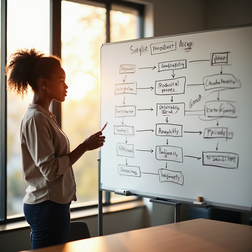 Whiteboard covered in handwritten diagrams showing how a single product page multiplies into dozens of URL parameter variations
